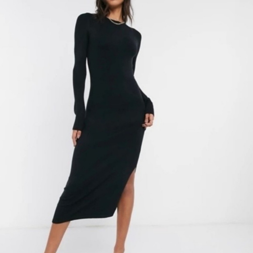 French Connection Sweater Dress Womens Small Black Stretch Midi Long Sleeve - Picture 1 of 8